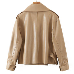 Moderner Kurzer Trenchcoat aus Kunstleder mit langen Ärmeln und Kragen - Khaki