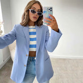 Moderner Stil Langarm Reine Farbe Reverskragen Blazer - Baby Blau