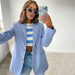 Moderner Stil Langarm Reine Farbe Reverskragen Blazer - Baby Blau