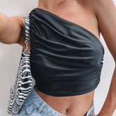 Modernes, kurzes One-Shoulder-Tanktop mit gerüschtem Besatz - Schwarz