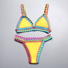Ensemble bikini triangle réversible tendance en néoprène avec bande en crochet - Jaune