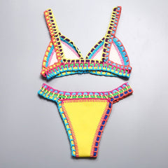 Ensemble bikini triangle réversible tendance en néoprène avec bande en crochet - Jaune