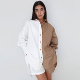 Übergroßes Farbblock-Shorts-Set mit Knopfleiste und Taschen - Khaki