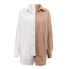Oversized Color Block Button Down Pocketed Shorts Matching Set - Khaki