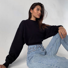 Oversized Cropped-Sweatshirt mit überschnittenen Schultern und langen Ärmeln und Stehkragen - Schwarz