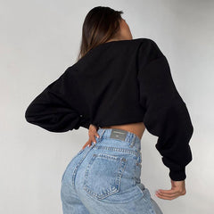 Oversized Cropped-Sweatshirt mit überschnittenen Schultern und langen Ärmeln und Stehkragen - Schwarz