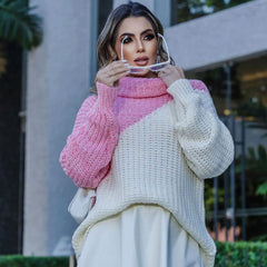 Übergroßer Strickpullover mit Rollkragen und überschnittenen Schultern und langen Ärmeln in Farbblock-Optik - Rosa