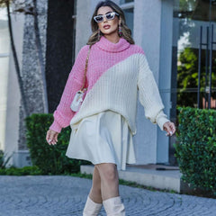 Übergroßer Strickpullover mit Rollkragen und überschnittenen Schultern und langen Ärmeln in Farbblock-Optik - Rosa