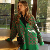 Übergroßer Karomuster V-Ausschnitt Geknöpfter Langärmliger Gerippter Cardigan - Rosa Grün