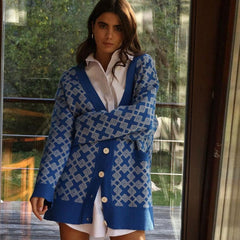 Oversized Karomuster V-Ausschnitt Geknöpfte Langarm Gerippte Strickjacke - Blau