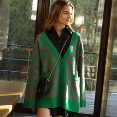 Übergroßer Karomuster V-Ausschnitt Geknöpfter Langärmliger Gerippter Cardigan - Rosa Grün