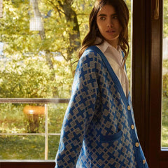 Oversized Karomuster V-Ausschnitt Geknöpfte Langarm Gerippte Strickjacke - Blau