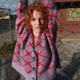 Oversize-Cardigan mit Rippenmuster und Knöpfen, langärmlig, Argyle-Muster - Lila