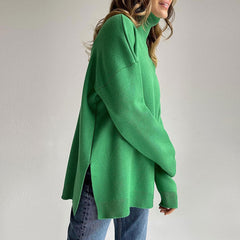 Oversize Rollkragenpullover mit langen Ärmeln und Schlitzbesatz - Grün