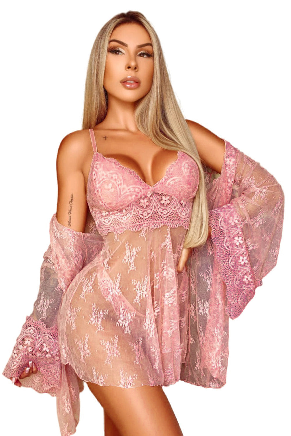 Pink V Neck Adjustable Straps Lace Splicing Babydoll With Thong