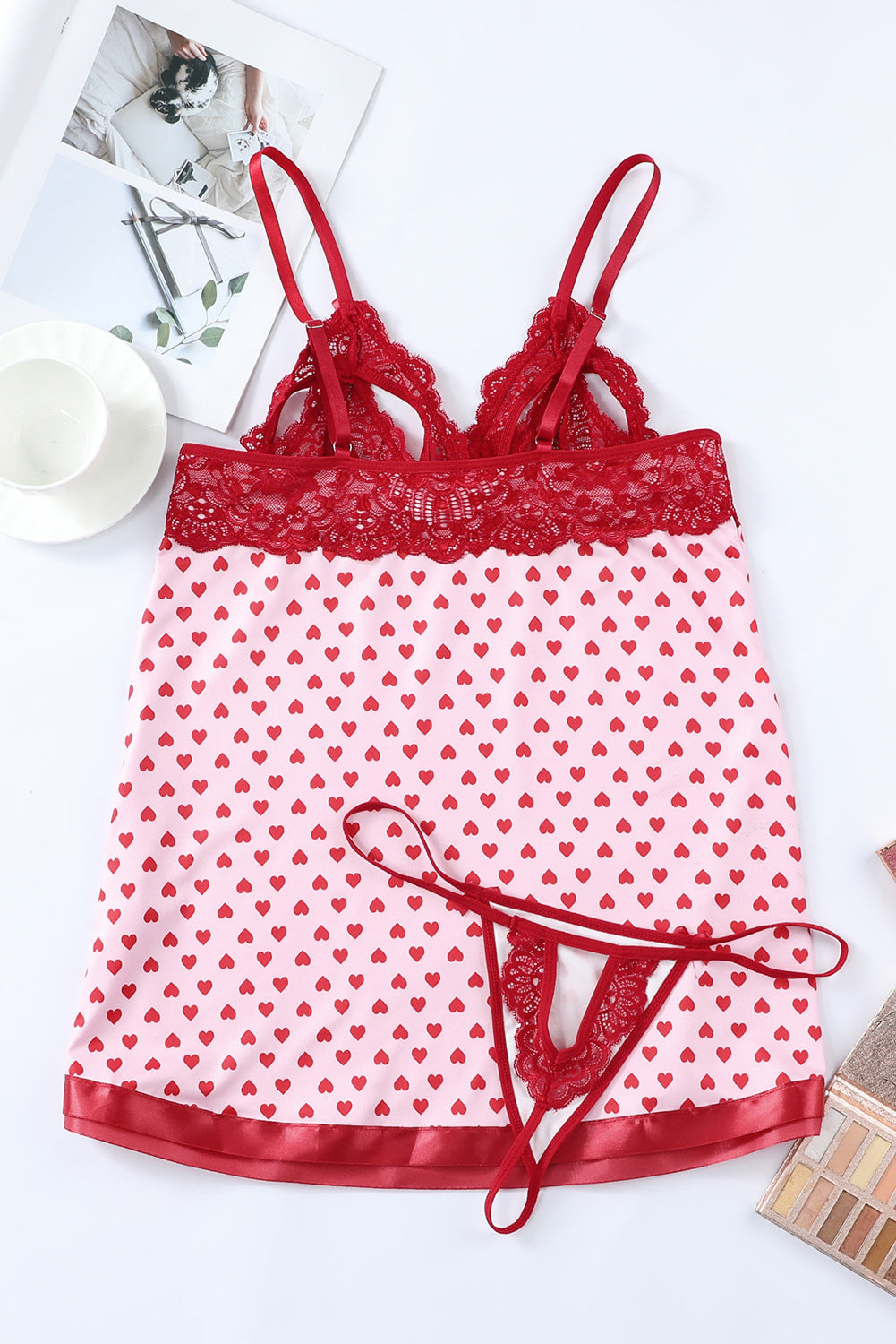 Red Heart Shape Print Lace Crochet Babydoll Set
