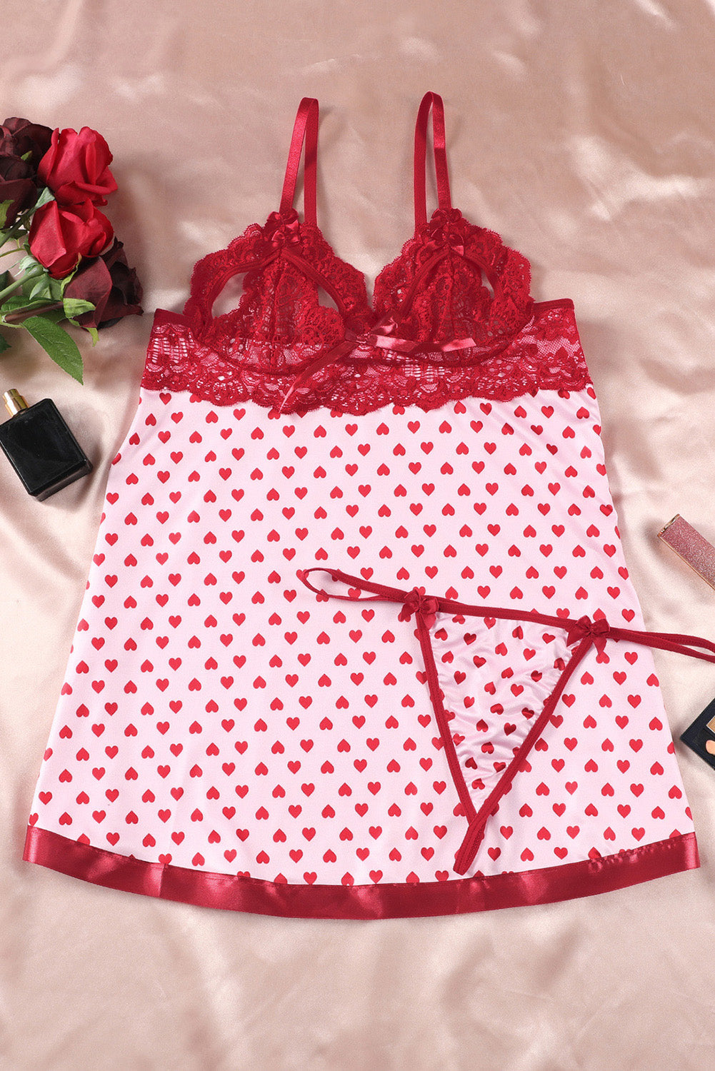 Red Heart Shape Print Lace Crochet Babydoll Set