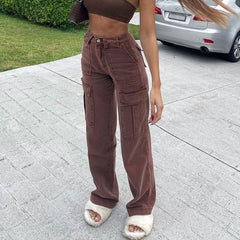 Jean droit taille mi-haute avec poche à rabat style rétro des années 90 - Café