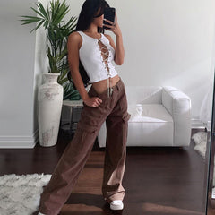 Jean droit taille mi-haute avec poche à rabat style rétro des années 90 - Café