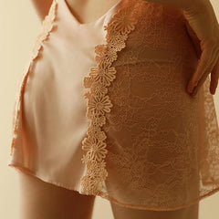 Nuisette dos nu en satin à bretelles fines et dentelle florale - Rose clair