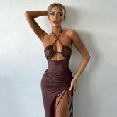 Robe longue de soirée à décolleté en V et à volants - Marron