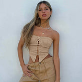 Einfarbiges Trägerloses Crop Top Mit Gebogenem Saum Und Schnürung - Khaki