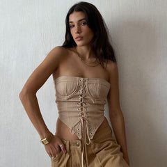 Haut court à lacets sans bretelles à ourlet incurvé de couleur unie - Kaki