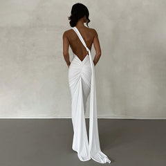 Solid Color One Shoulder Ruched Backless Evening Maxi Dress - Hot Pink