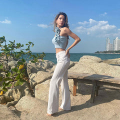 Haut court côtelé uni à détails de fleurs en 3D - Bleu bébé