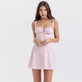 Einfarbiges, gerüschtes, ärmelloses Korsett-Minikleid mit Schnürung vorne - Rosa