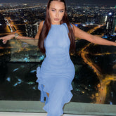 Ärmelloses Club-Kleid aus transparentem Netzstoff mit 3D-Blumenrüschenbesatz - Blau