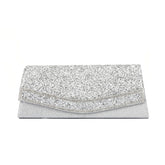 Shimmery Rhinestone Embellished Textured Flap Clutch Evening Bag - Silver