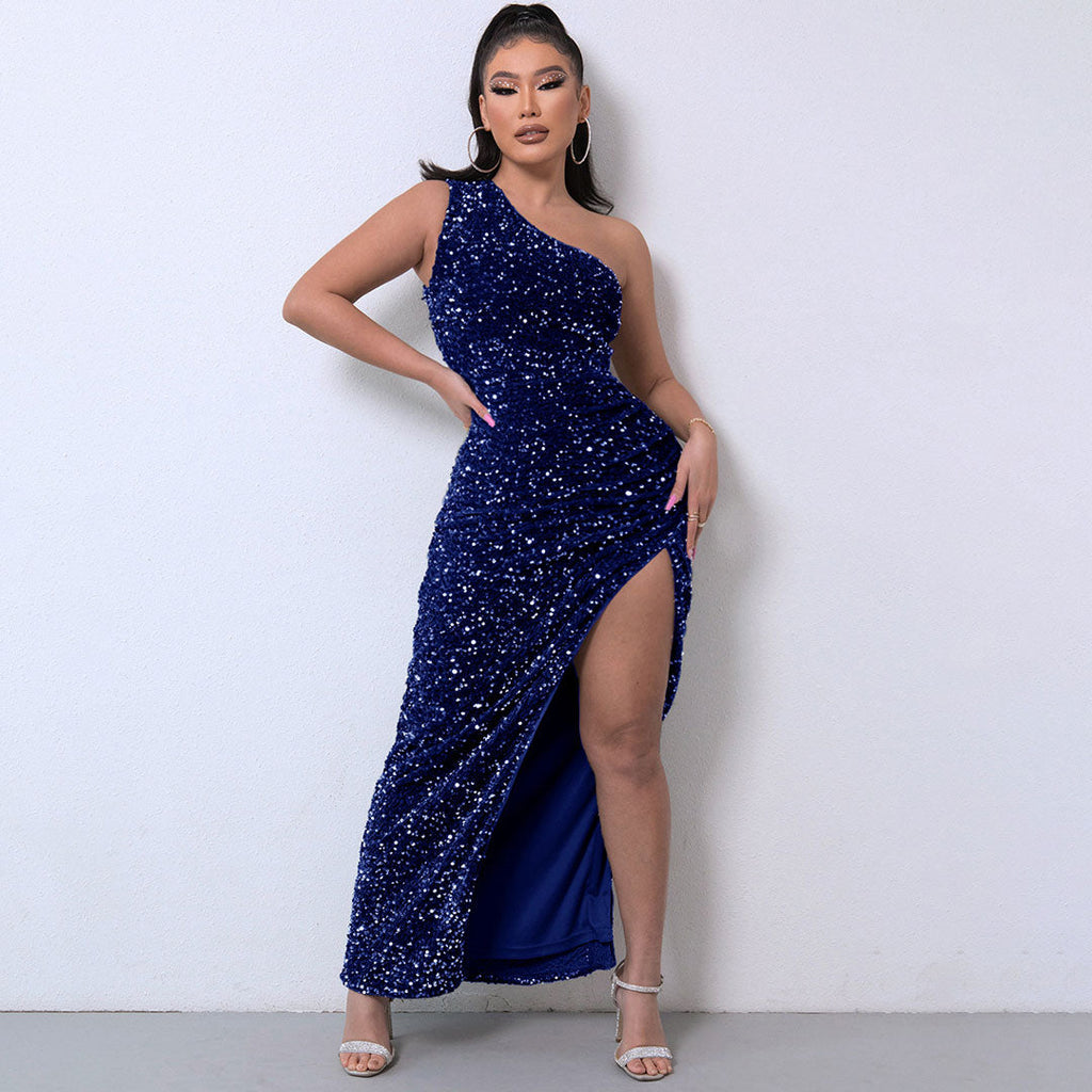 SEQUIN ONE SHOULDER SPLIT MAXI DRESS IN BLUE