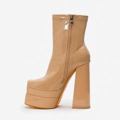 Solid Color Patent Leather Chunky High Heel Platform Ankle Boots - Apricot