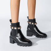 Bottines à talon épais et bout rond avec bordure en cristal scintillant - Noir