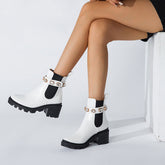 Bottines à talon épais et bout rond avec bordure en cristal scintillant - Blanc