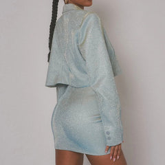 Sparkly Lapel Collar Button Up Blazer Bodycon Mini Skirt Matching Set - Blue