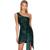 Robe courte moulante à une épaule scintillante et sequins - Vert