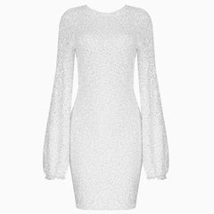 Robe courte de soirée à manches longues en dentelle et sequins scintillants - Blanc