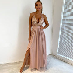 Rückenfreies Maxi-Abendkleid mit glitzerndem Pailletteneinsatz und tiefem V-Ausschnitt - Champagner