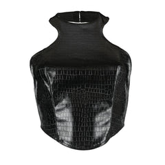 Street Style – Neckholder-Crop-Top aus Leder mit Kroko-Prägung - Schwarz