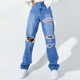 Street Style Cut-Out High Waist Ausgefranste Straight Leg Jeans - Blau