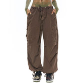 Street Style Kordelzug Multi Pocket Weites Bein Baggy Cargohose - Braun