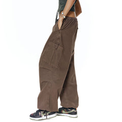 Pantalon cargo ample à jambes larges et poches multiples avec cordon de serrage de style urbain - Marron