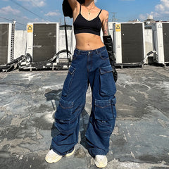 Street Style Panel Trim Patch Pocket Oversized Cargo Jeans - Blue