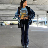 Street Style Solid Color Cut Out Wide Leg Skinny Flare Pants - Black