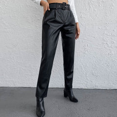 Striking High Waist Buckle Trim Side Pocket Vegan Leather Pants - Black