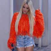 Stilvoller Häkelstrick-Faux-Pelz-Fransen-Langarm-Kurzpullover - Rot