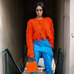 Stilvoller Häkelstrick-Faux-Pelz-Fransen-Langarm-Kurzpullover - Rot