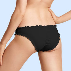 Bas de bikini froncé taille haute à volants de couleur unie - Noir